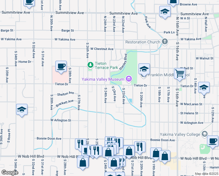 map of restaurants, bars, coffee shops, grocery stores, and more near 2305 Tieton Dr in Yakima