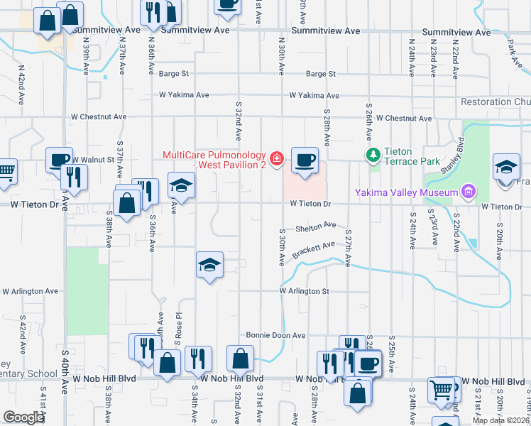 map of restaurants, bars, coffee shops, grocery stores, and more near 3111 Tieton Drive in Yakima