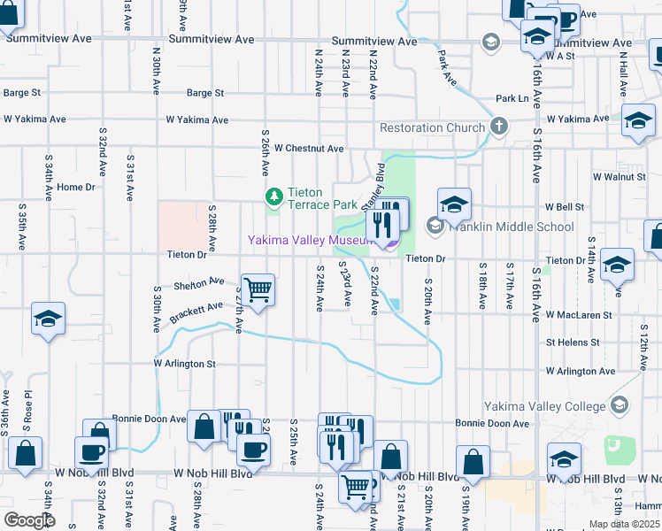 map of restaurants, bars, coffee shops, grocery stores, and more near 2305 Tieton Dr in Yakima