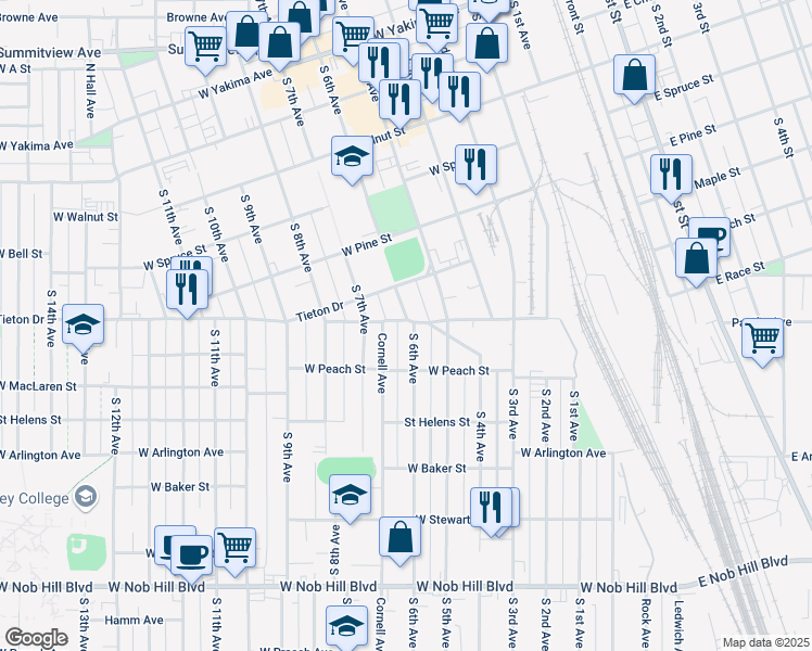 map of restaurants, bars, coffee shops, grocery stores, and more near 602 South 6th Avenue in Yakima
