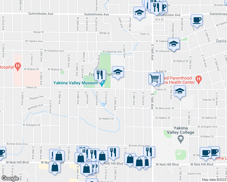 map of restaurants, bars, coffee shops, grocery stores, and more near 2002 Tieton Drive in Yakima