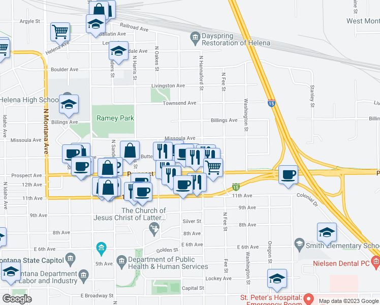 map of restaurants, bars, coffee shops, grocery stores, and more near 1816 Butte Avenue in Helena