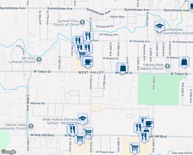 map of restaurants, bars, coffee shops, grocery stores, and more near 7101 W Tieton Dr in Yakima