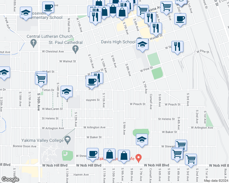 map of restaurants, bars, coffee shops, grocery stores, and more near 912 Tieton Drive in Yakima