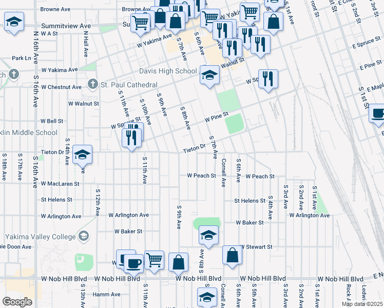 map of restaurants, bars, coffee shops, grocery stores, and more near 801 Tieton Dr in Yakima