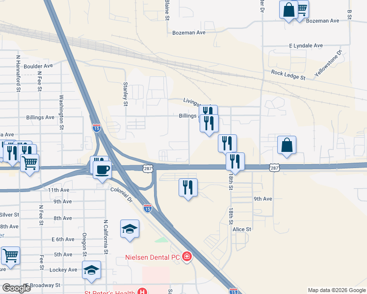 map of restaurants, bars, coffee shops, grocery stores, and more near 900 Gibbon Street in Helena