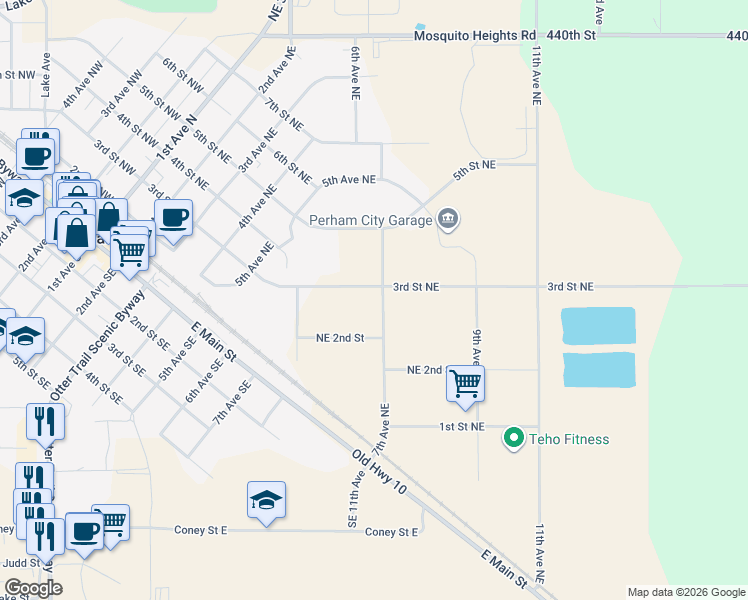 map of restaurants, bars, coffee shops, grocery stores, and more near 640 3rd Avenue Northeast in Perham