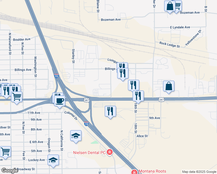 map of restaurants, bars, coffee shops, grocery stores, and more near 900 Gibbon Street in Helena