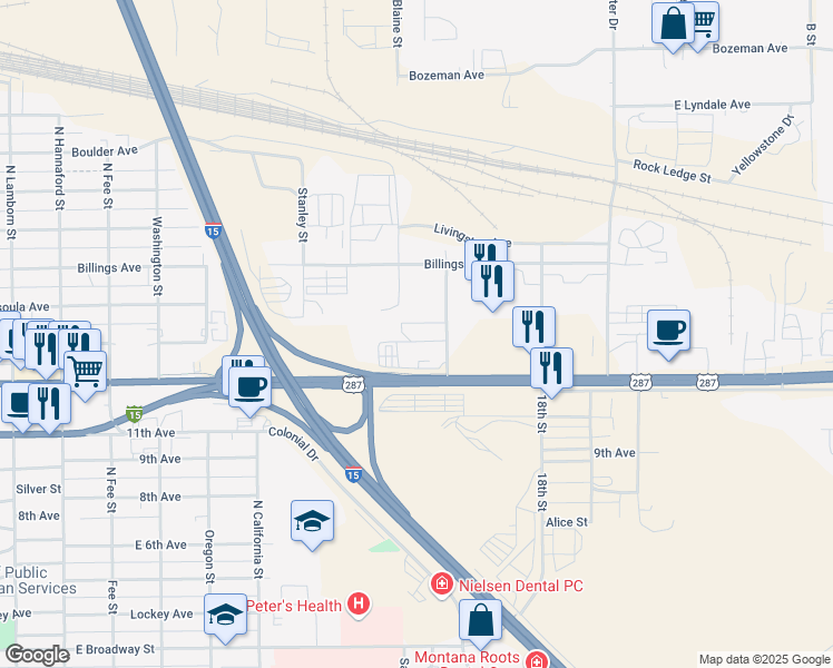 map of restaurants, bars, coffee shops, grocery stores, and more near 900 Gibbon Street in Helena