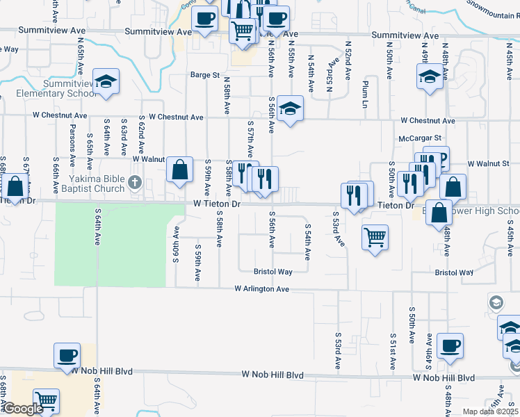 map of restaurants, bars, coffee shops, grocery stores, and more near 5601 Tieton Dr in Yakima