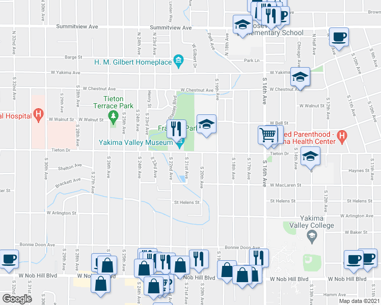 map of restaurants, bars, coffee shops, grocery stores, and more near 2050 West Tieton Drive in Yakima