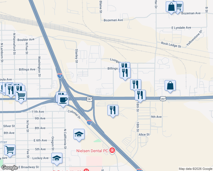 map of restaurants, bars, coffee shops, grocery stores, and more near 900 Gibbon Street in Helena