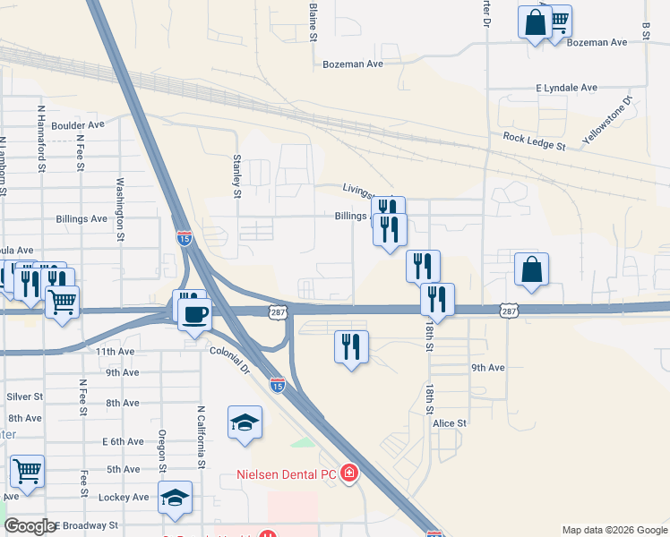 map of restaurants, bars, coffee shops, grocery stores, and more near 900 Gibbon Street in Helena