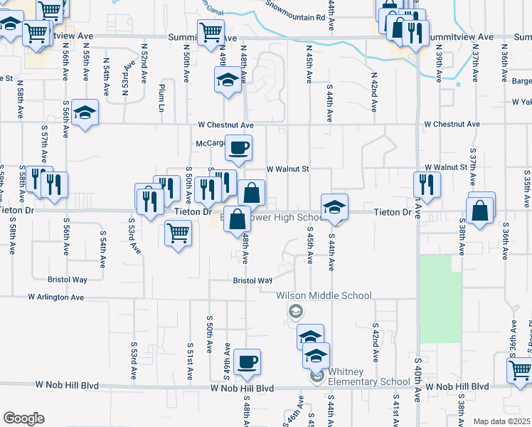 map of restaurants, bars, coffee shops, grocery stores, and more near 4703 Tieton Drive in Yakima