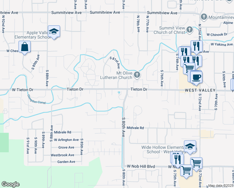 map of restaurants, bars, coffee shops, grocery stores, and more near 603 South 81st Place in Yakima