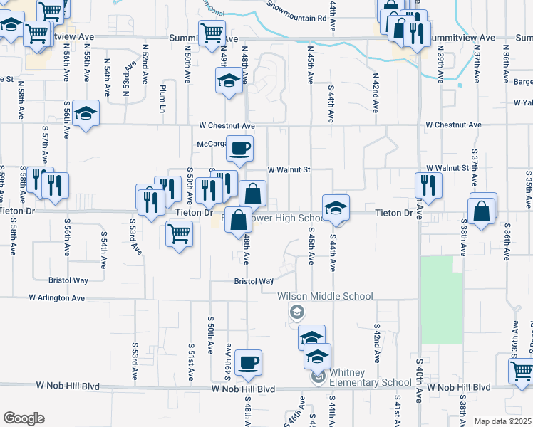 map of restaurants, bars, coffee shops, grocery stores, and more near 4702 Tieton Drive in Yakima