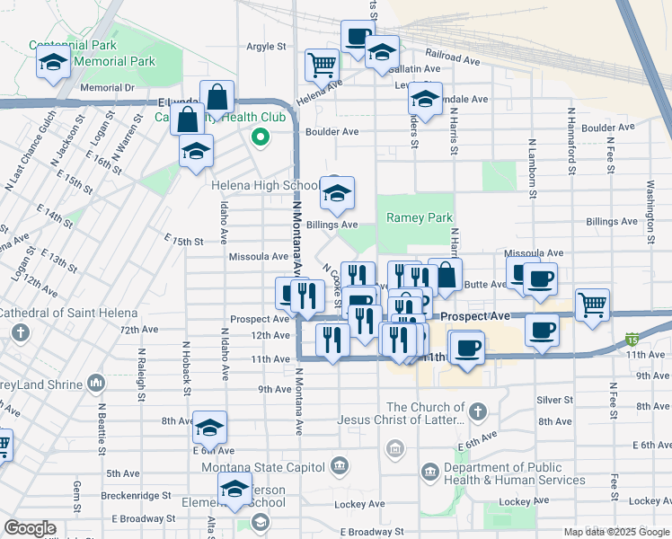map of restaurants, bars, coffee shops, grocery stores, and more near 812 Abbey Street in Helena