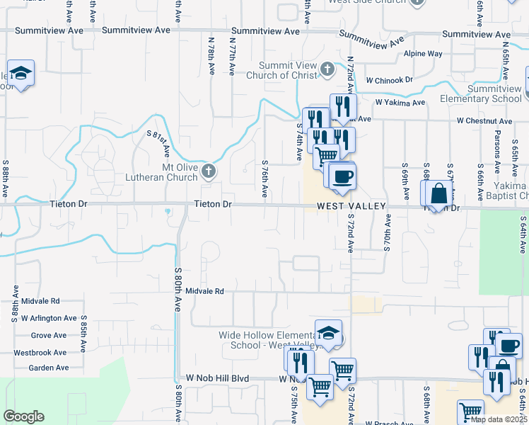 map of restaurants, bars, coffee shops, grocery stores, and more near 7509 West Tieton Drive in Yakima