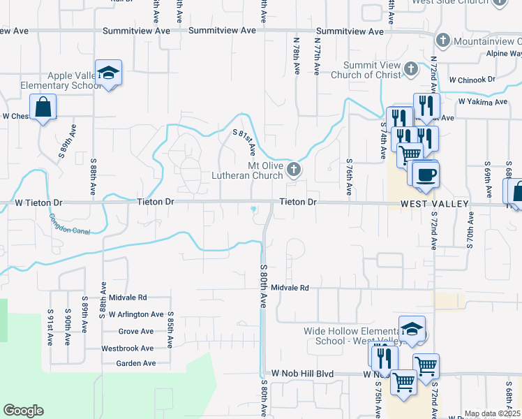 map of restaurants, bars, coffee shops, grocery stores, and more near 603 South 81st Place in Yakima