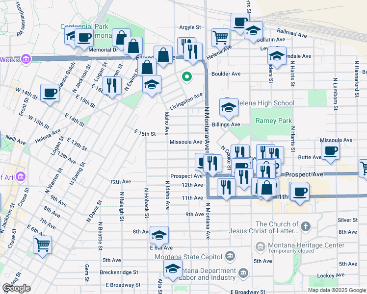 map of restaurants, bars, coffee shops, grocery stores, and more near 1013 Missoula Avenue in Helena