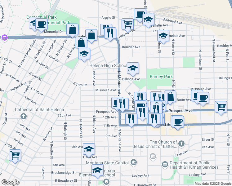 map of restaurants, bars, coffee shops, grocery stores, and more near 1109 Missoula Ave in Helena