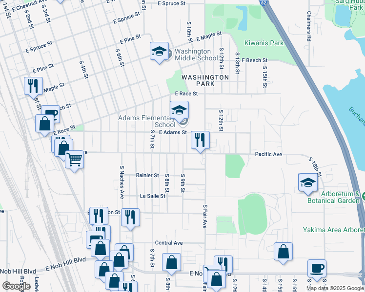 map of restaurants, bars, coffee shops, grocery stores, and more near 710 East Adams Street in Yakima