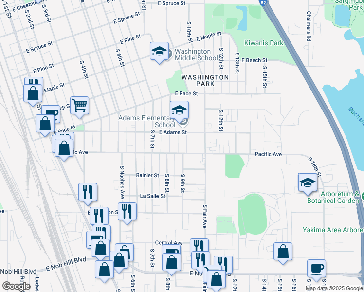 map of restaurants, bars, coffee shops, grocery stores, and more near 710 East Adams Street in Yakima