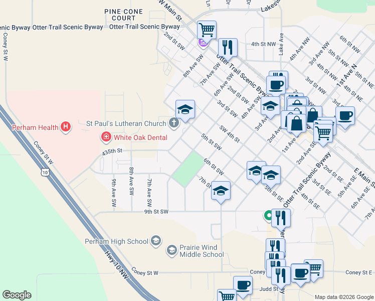 map of restaurants, bars, coffee shops, grocery stores, and more near 612 5th Avenue Southwest in Perham