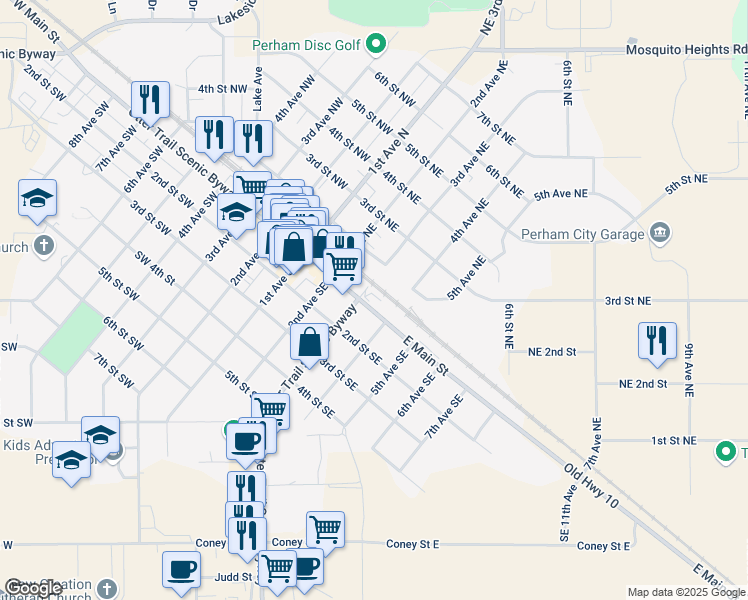 map of restaurants, bars, coffee shops, grocery stores, and more near 323 East Main Street in Perham