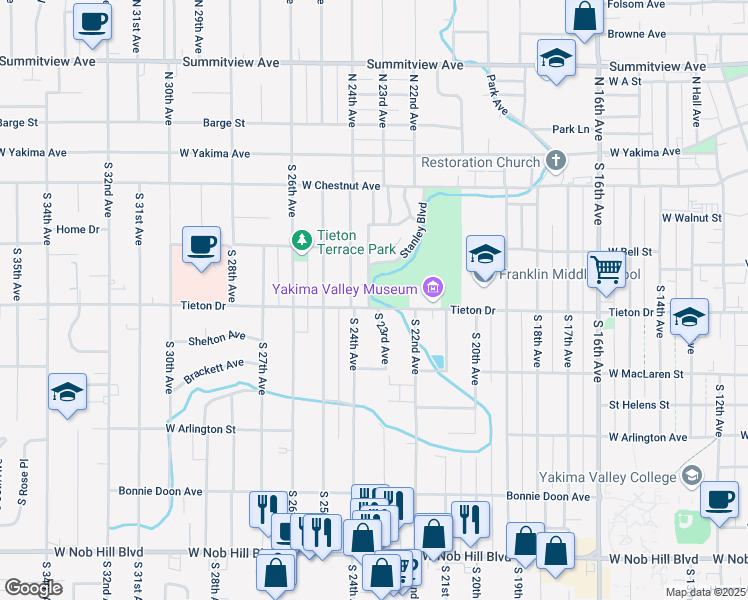 map of restaurants, bars, coffee shops, grocery stores, and more near 2305 Tieton Drive in Yakima