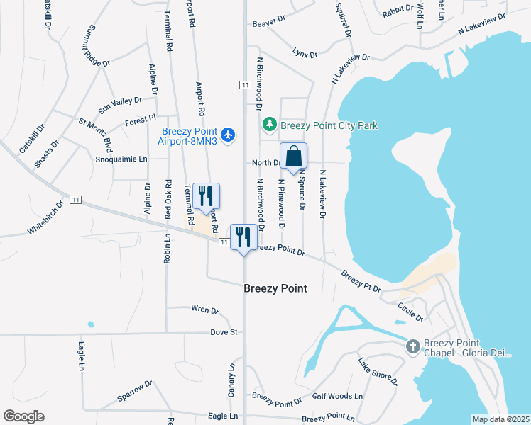map of restaurants, bars, coffee shops, grocery stores, and more near 30344 N Birchwood Dr in Pequot Lakes