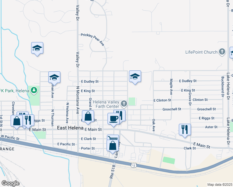map of restaurants, bars, coffee shops, grocery stores, and more near 703 East King Street in East Helena
