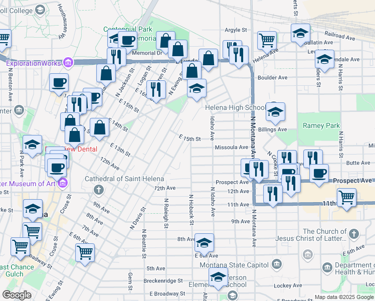 map of restaurants, bars, coffee shops, grocery stores, and more near 826 North Hoback Street in Helena