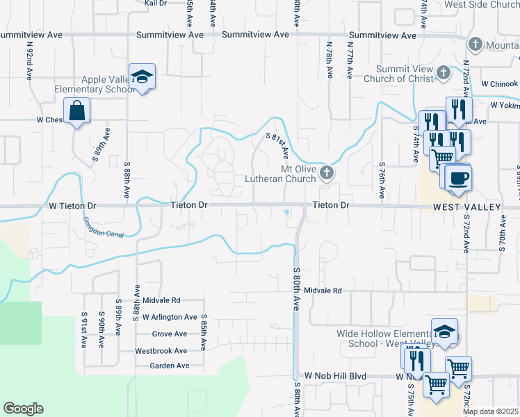 map of restaurants, bars, coffee shops, grocery stores, and more near 8101 Tieton Drive in Yakima