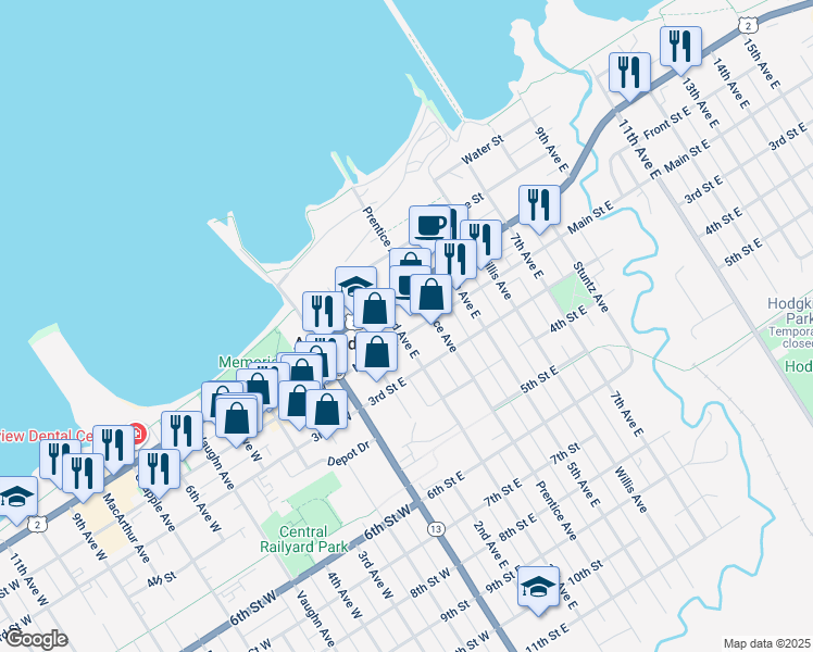 map of restaurants, bars, coffee shops, grocery stores, and more near 307 Main Street East in Ashland