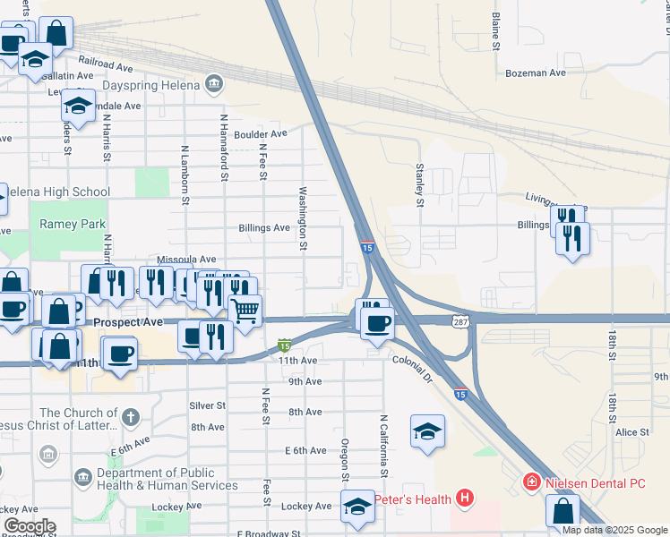 map of restaurants, bars, coffee shops, grocery stores, and more near 2125 Missoula Avenue in Helena