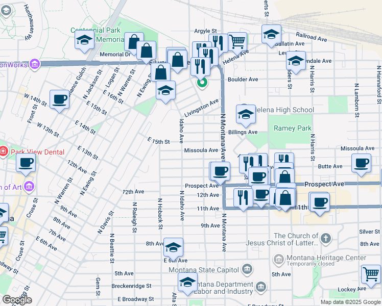 map of restaurants, bars, coffee shops, grocery stores, and more near 1013 Missoula Avenue in Helena