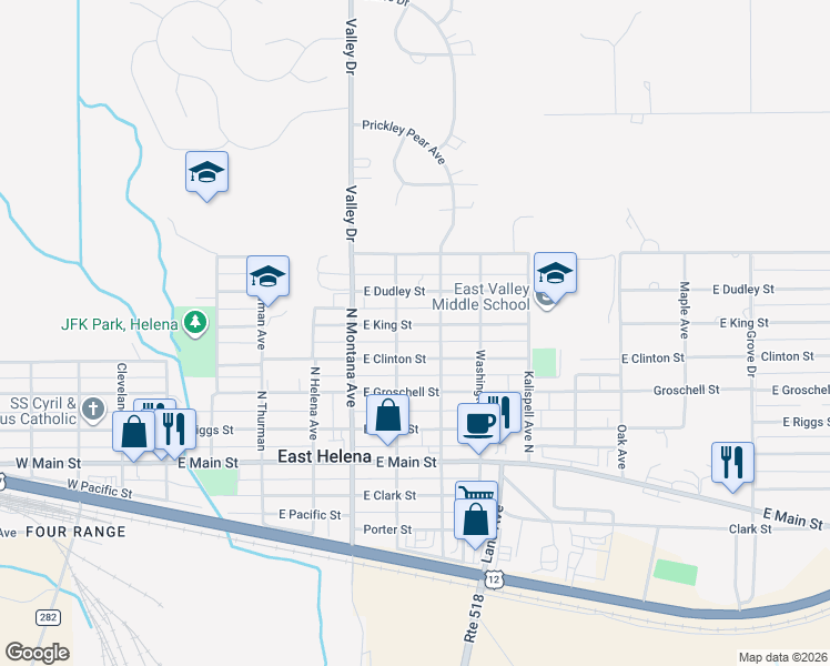 map of restaurants, bars, coffee shops, grocery stores, and more near 505 East King Street in East Helena