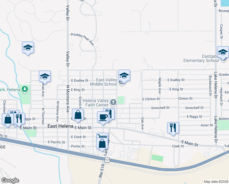 map of restaurants, bars, coffee shops, grocery stores, and more near 302 Kalispell Avenue North in East Helena