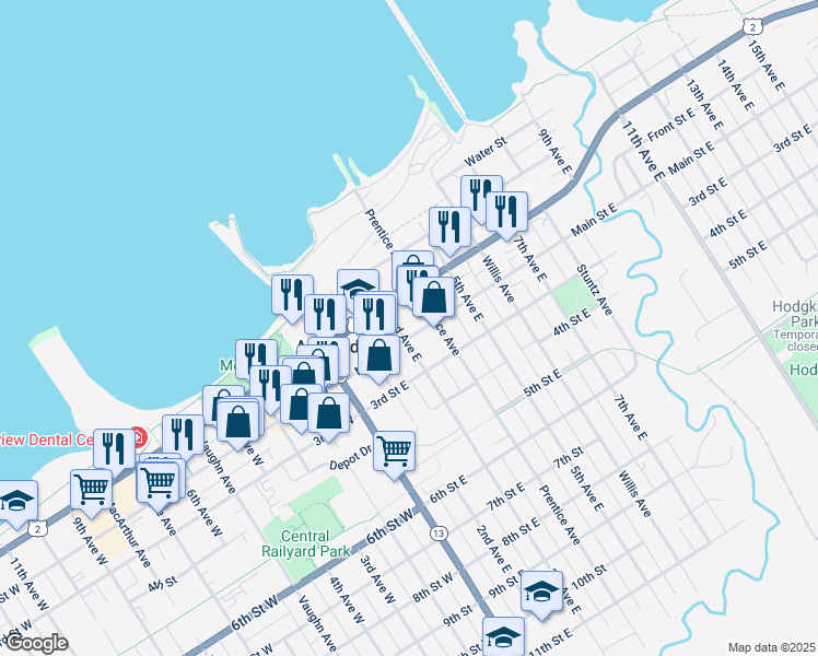 map of restaurants, bars, coffee shops, grocery stores, and more near 307 Main Street East in Ashland