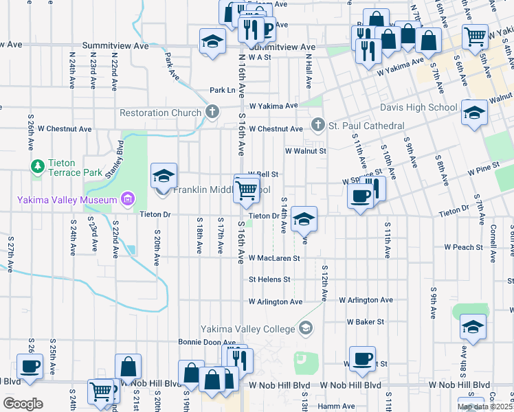 map of restaurants, bars, coffee shops, grocery stores, and more near 420 S 15th Ave in Yakima