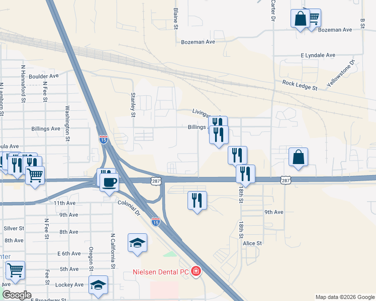 map of restaurants, bars, coffee shops, grocery stores, and more near 900 Gibbon Street in Helena