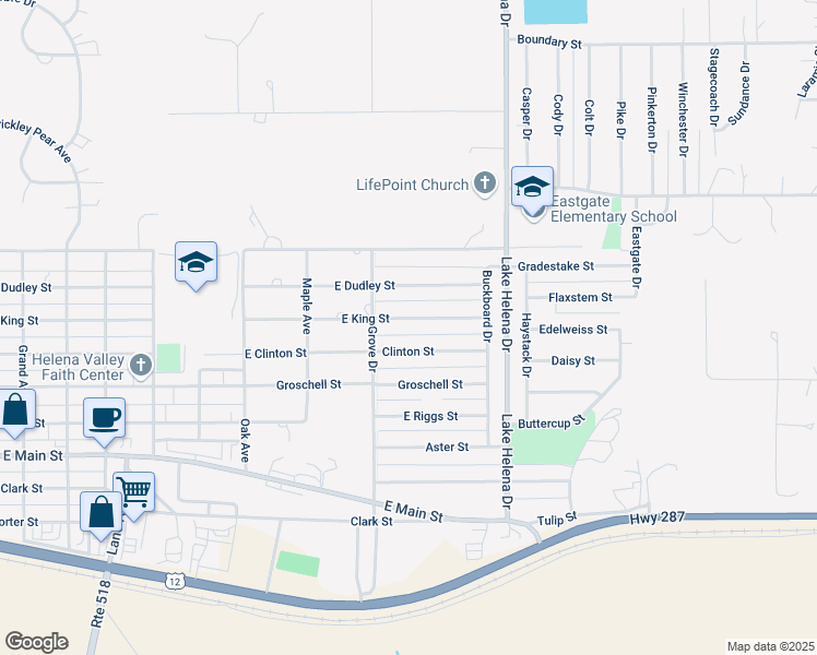 map of restaurants, bars, coffee shops, grocery stores, and more near 3741 East King Street in East Helena