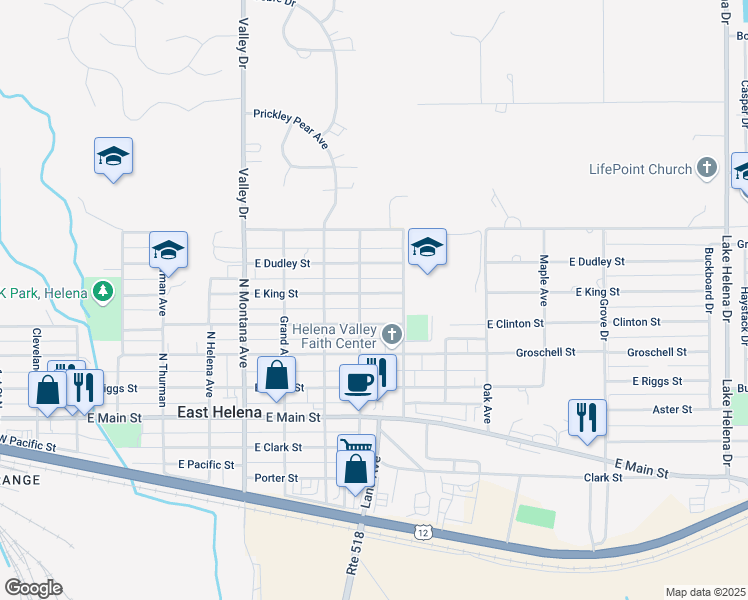 map of restaurants, bars, coffee shops, grocery stores, and more near 703 East King Street in East Helena