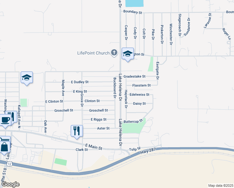 map of restaurants, bars, coffee shops, grocery stores, and more near 2443 Buckboard Drive in East Helena