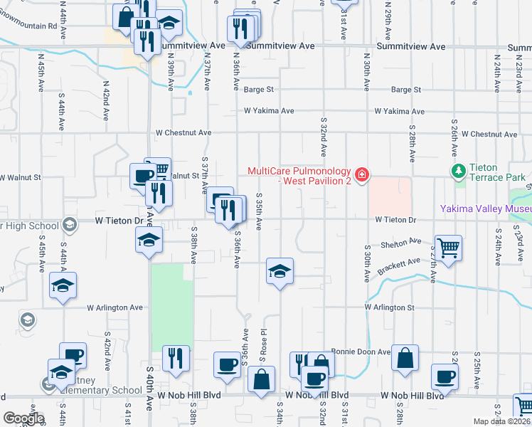 map of restaurants, bars, coffee shops, grocery stores, and more near 423 S 35th Ave in Yakima