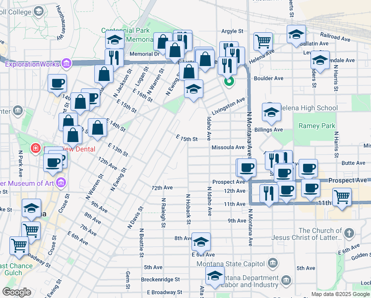 map of restaurants, bars, coffee shops, grocery stores, and more near 826 North Hoback Street in Helena