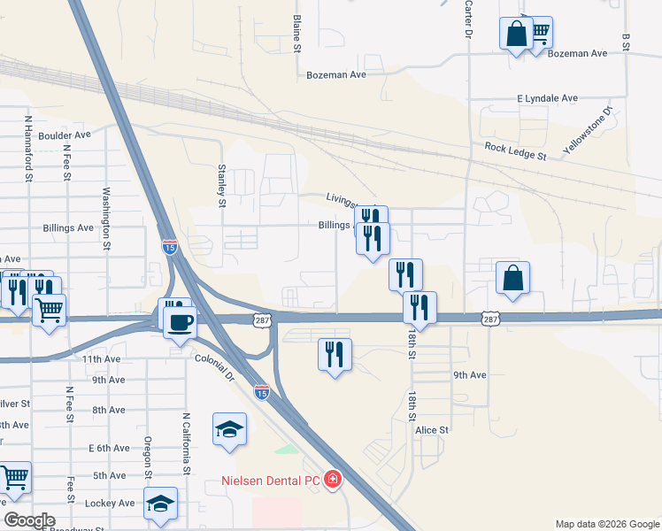 map of restaurants, bars, coffee shops, grocery stores, and more near 900 Gibbon Street in Helena