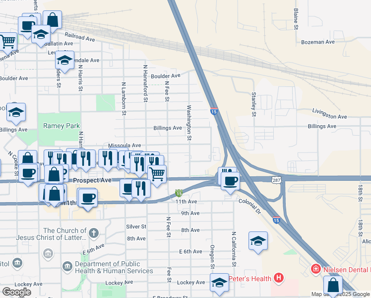 map of restaurants, bars, coffee shops, grocery stores, and more near 807 Washington Street in Helena