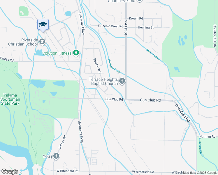 map of restaurants, bars, coffee shops, grocery stores, and more near Sun Country Pkwy in Yakima